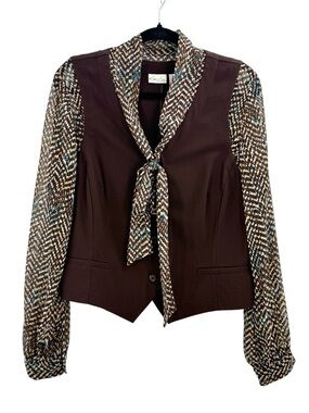 Vintage 70s Poet Tie Neck Blouse Vest Combo Brown Mod Secretary Top Boho, 16P